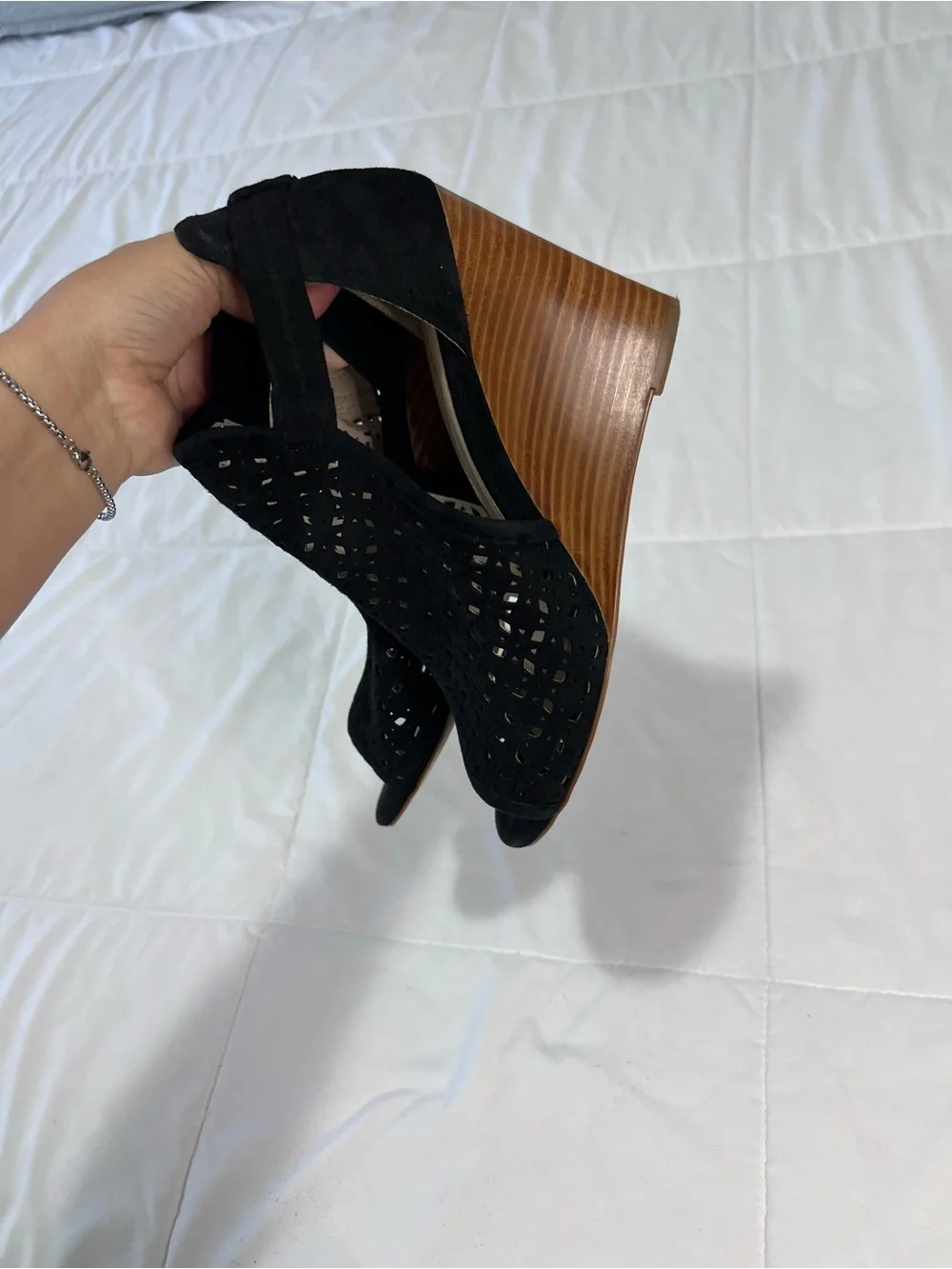 Cole Haan Black Laser-Cut Suede Wedge Sandals size 9